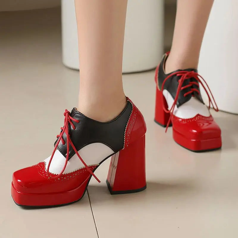 Women's Toe Chunky Heels Lace Up Pumps Shoes