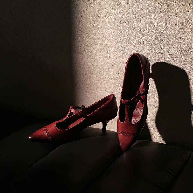 Women's Cow Leather T-Strap Pumps Shoes