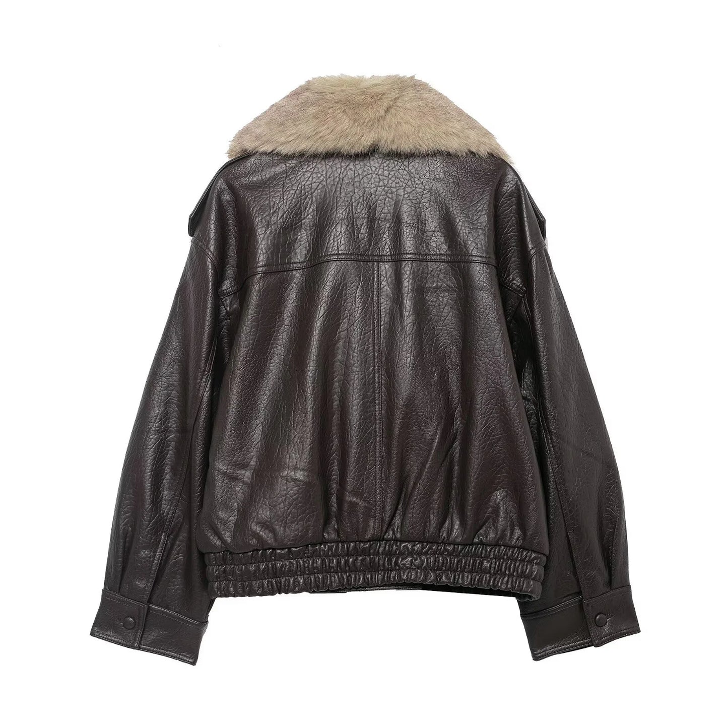 Women's Loose Faux Leather Big Fur Collar Causal Jacket