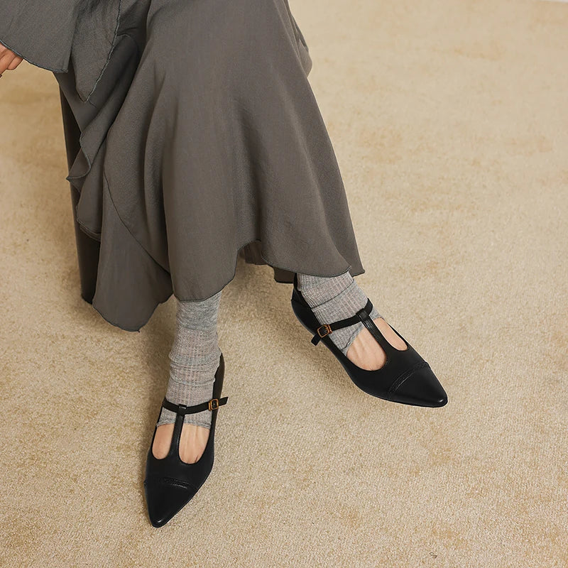 Women's Cow Leather T-Strap Pumps Shoes