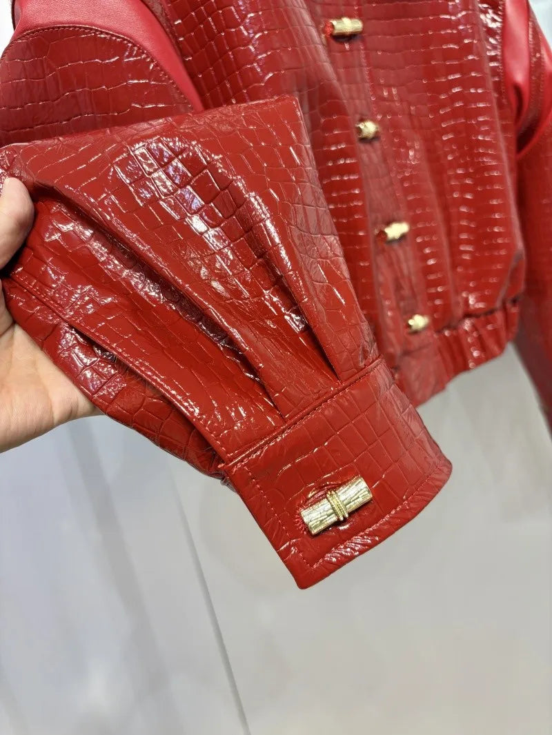 Women's Elegant Crocodile Grain Genuine Leather Short Jacket