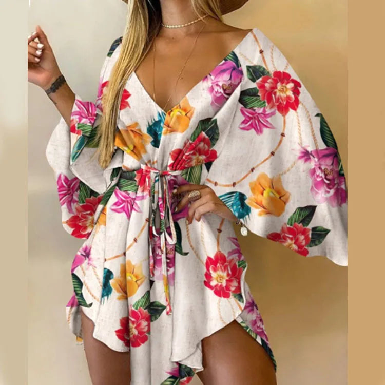 Women's Bohemian Loose Vacation Beach Ruffle Dress