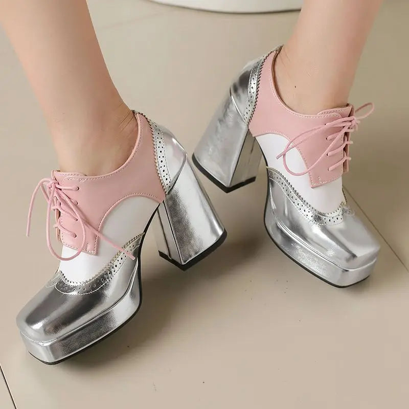 Women's Toe Chunky Heels Lace Up Pumps Shoes