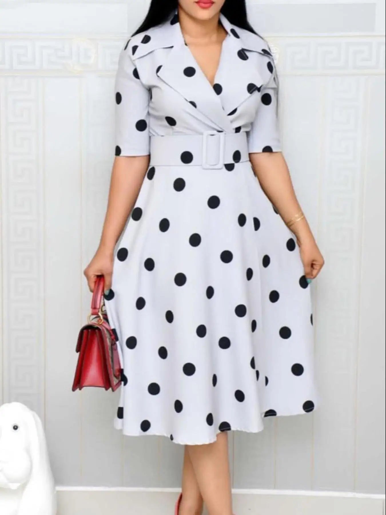 Women's Collar Mid Sleeve Splicing Large Swing Wide Belt Dress