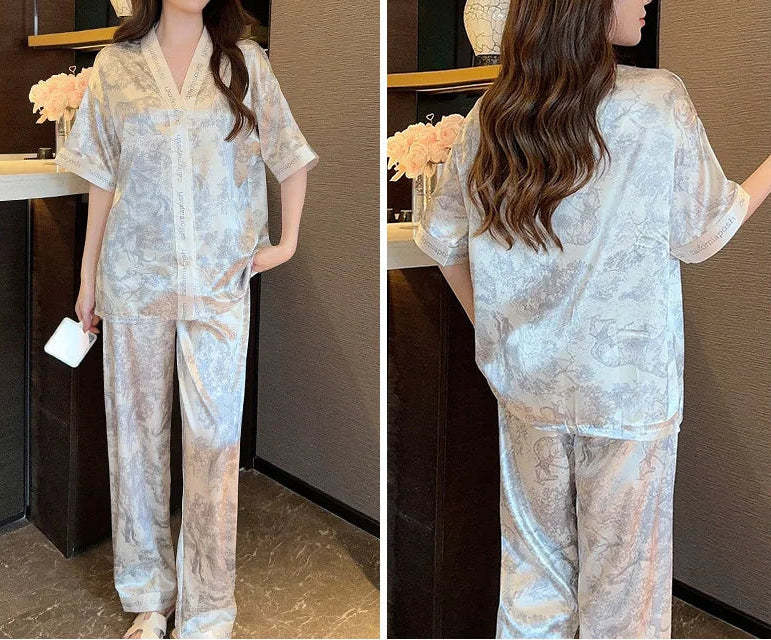 Women's 2Pcs Silk Button up Top and Pants Sleepwear Set