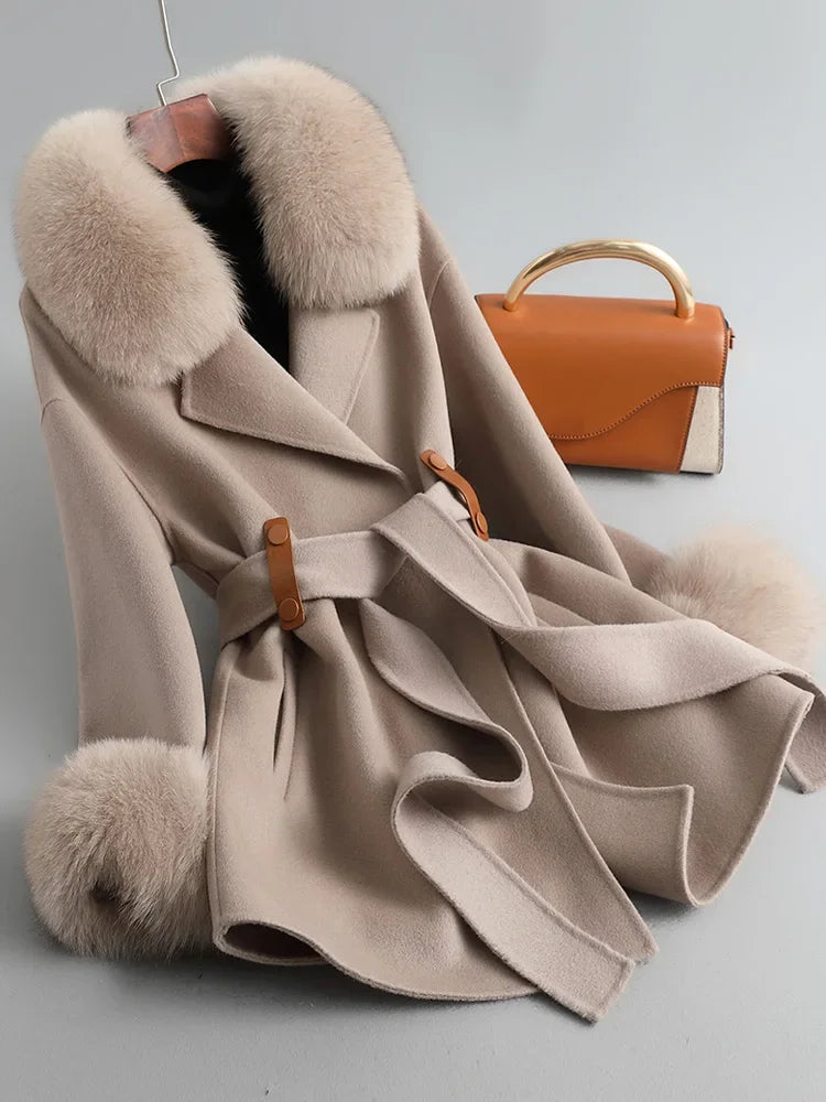Women's Natural Fox Fur Collar Cashmere Wool Coat