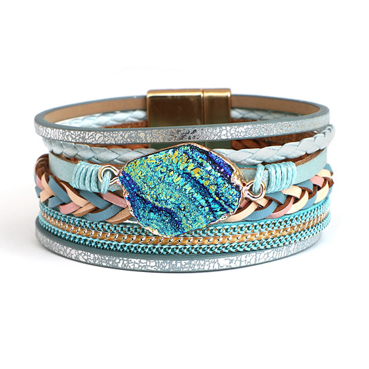 Women's Boho Colorful Stone Leather Multilayer Braided Bracelet