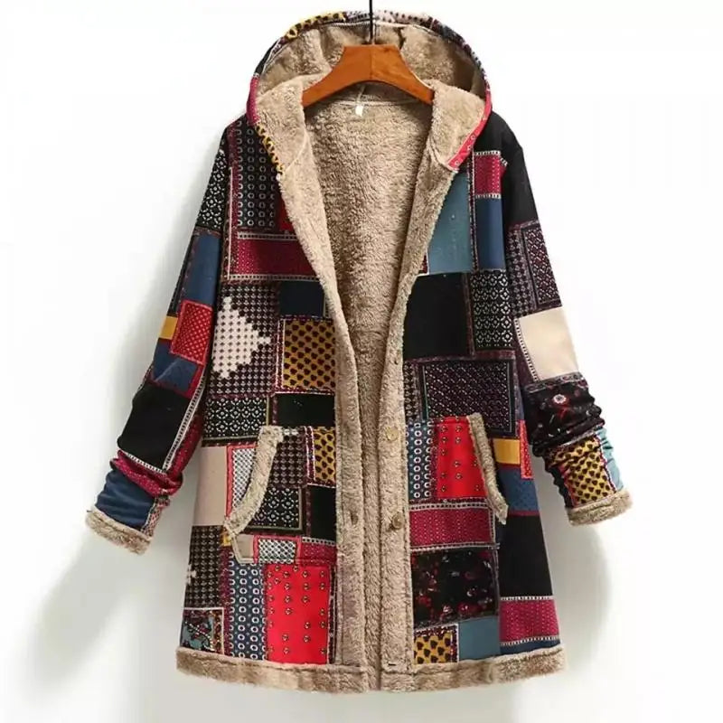 Women's Print Thick Fleece Hooded Long Loose Coat