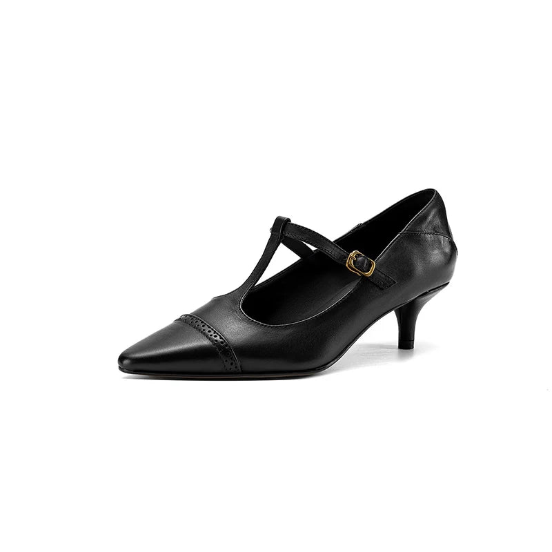 Women's Cow Leather T-Strap Pumps Shoes