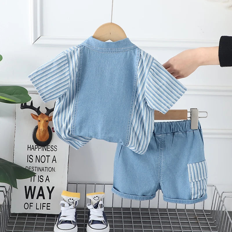 Kids' 2Pcs Denim Striped Shirt Short Suit Set