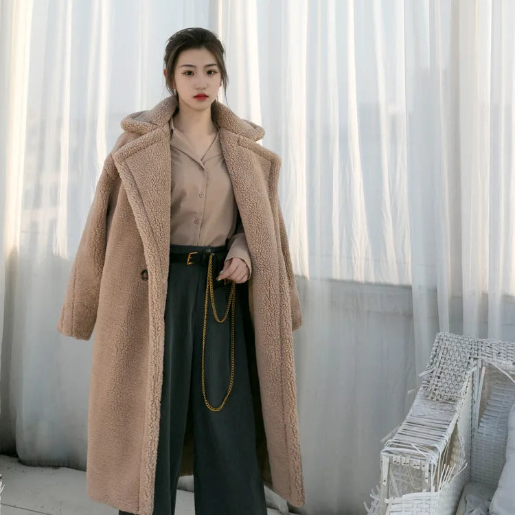 Women's Faux Fur Long Large Grain Lamb Sheep Wool Coat