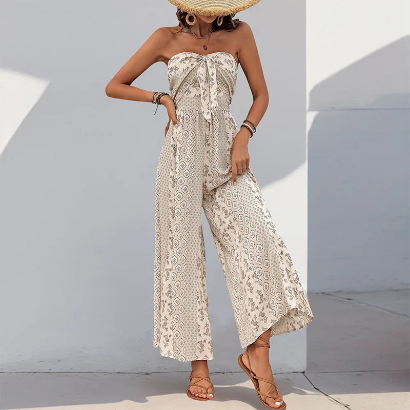Women's Sleeveless Strapless Lace Up Wide Leg Pants Jumpsuit