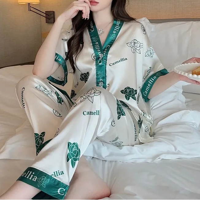 Women's 2Pcs Silk Button up Top and Pants Sleepwear Set