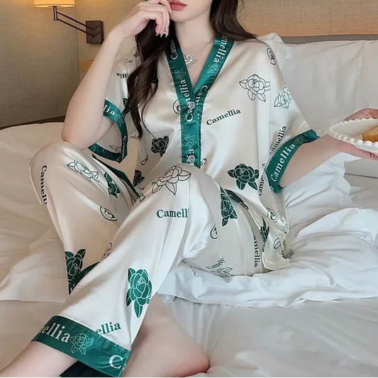 Women's 2Pcs Silk Button up Top and Pants Sleepwear Set