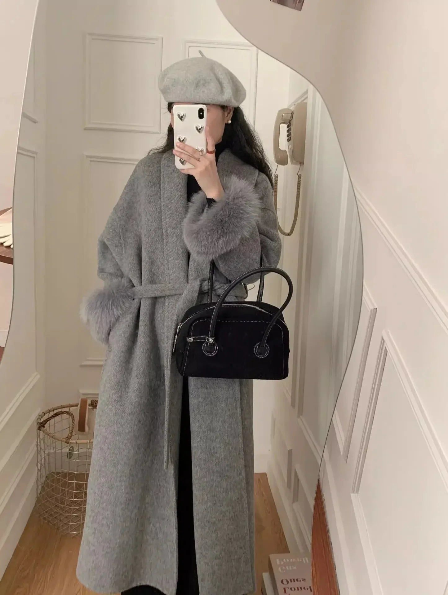 Women's Long Fur Woolen Double Sided Cashmere Coat