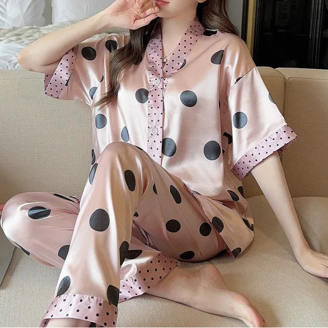 Women's 2Pcs Silk Button up Top and Pants Sleepwear Set