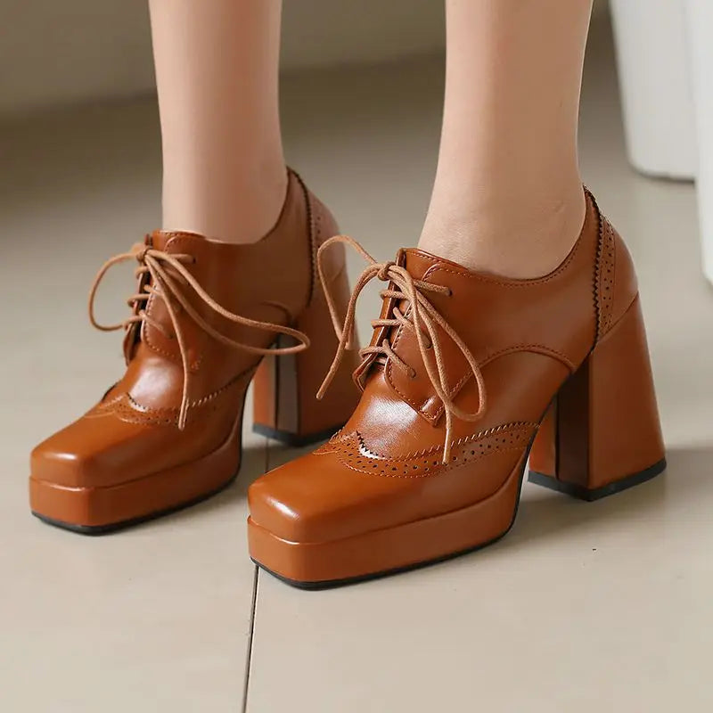 Women's Toe Chunky Heels Lace Up Pumps Shoes