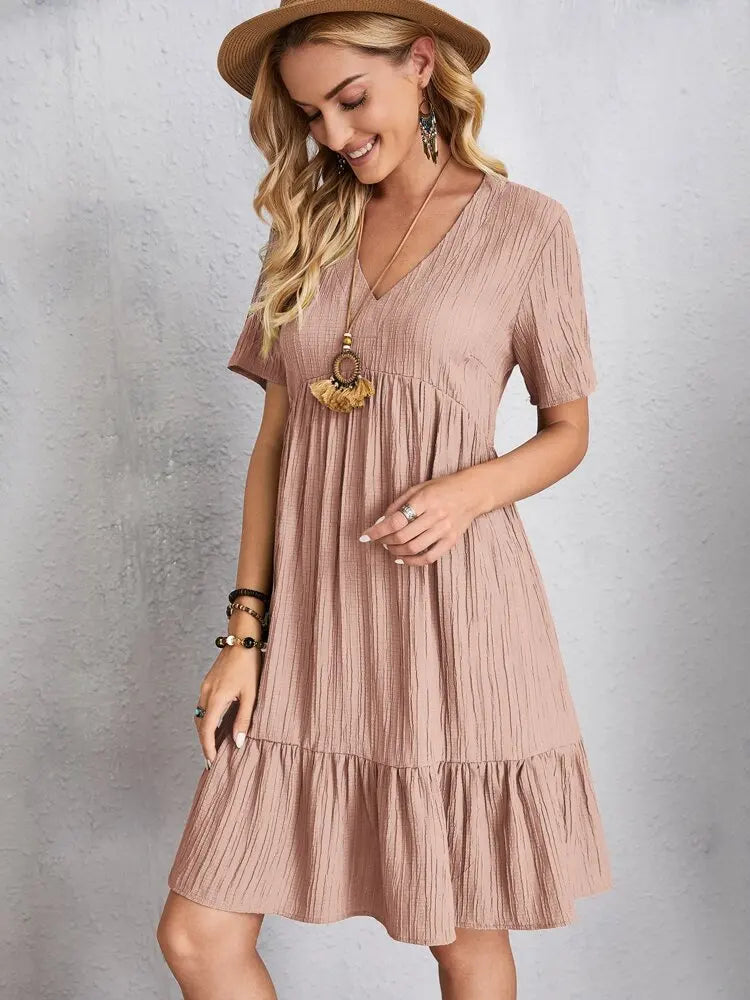 Women's Vintage Solid V-Neck High Waist A-Line Mini Dress