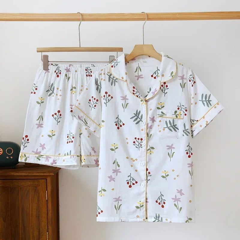 Women's 2Pcs Cotton Gauze Thin Short Sleeved Short Pajamas Set