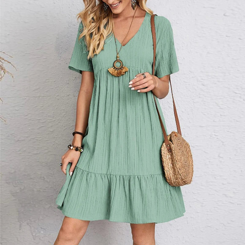 Women's Vintage Solid V-Neck High Waist A-Line Mini Dress