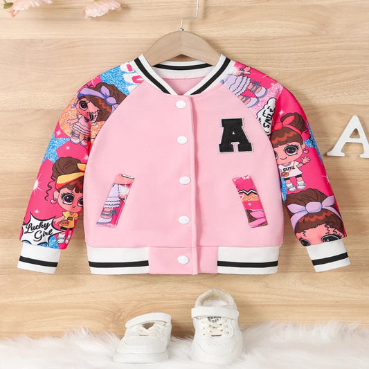 Girls Cartoon Doll Print Uniform Jacket