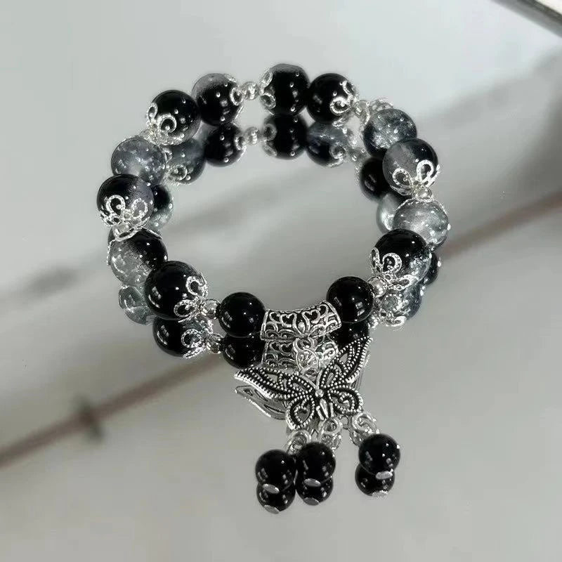 Women's Beaded Red Crystal Feather Pendant Bracelet