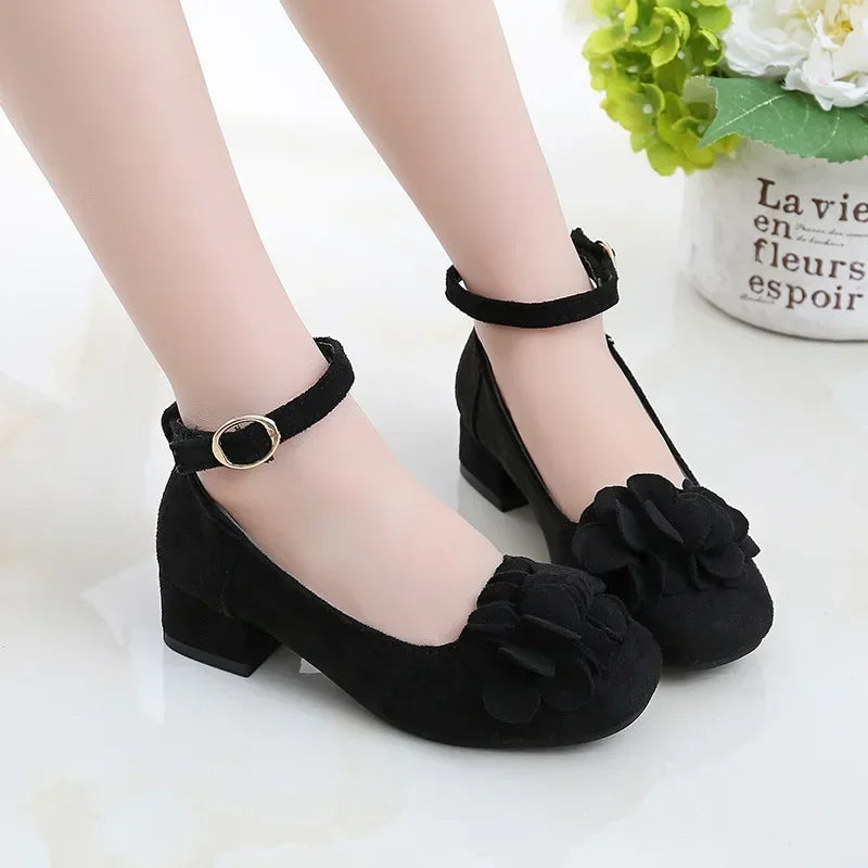Girls Leather Floral Performance Flock Fabric Shoes