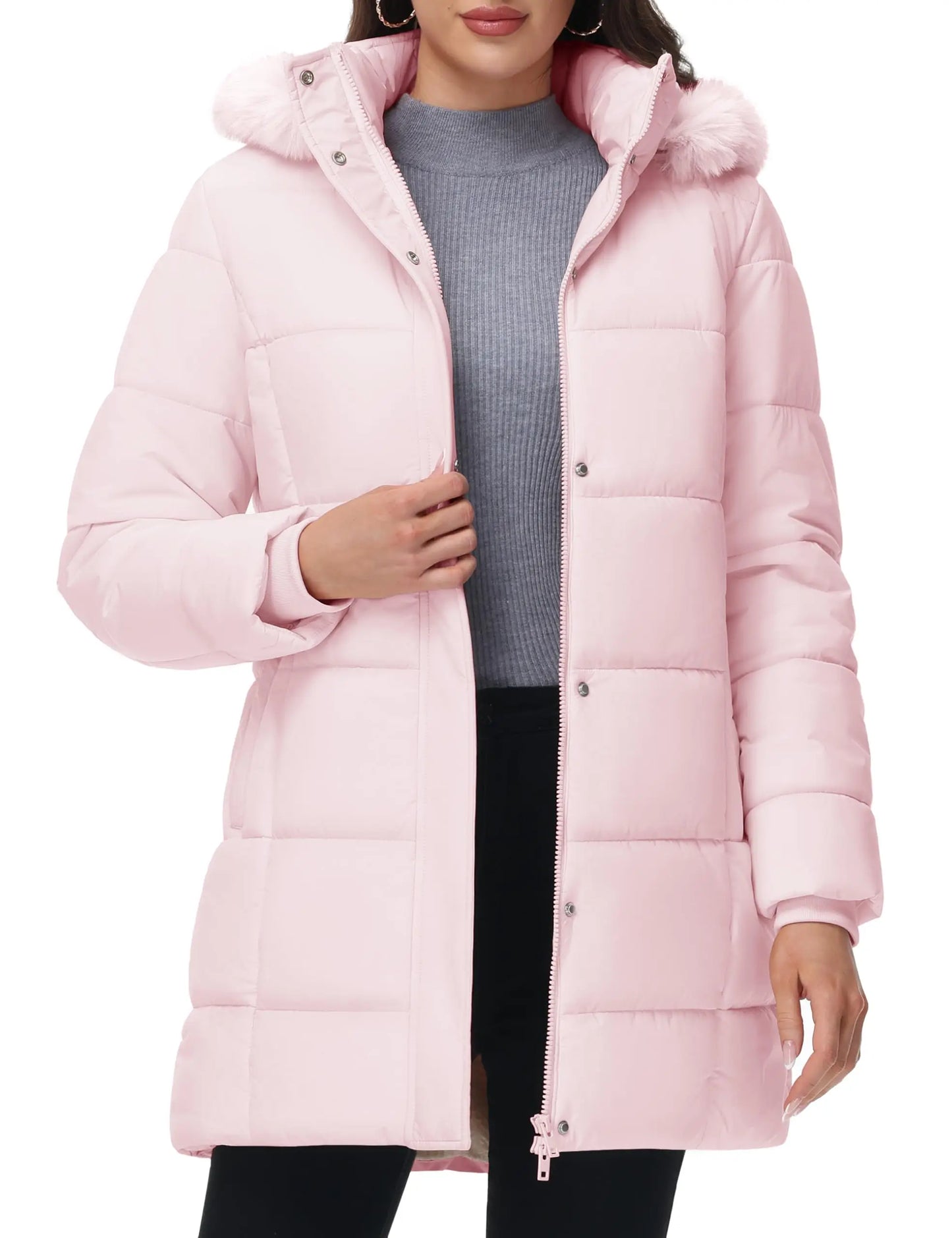 Women's Fleece Lined Ribbed Cuff Windproof Puffer Coat