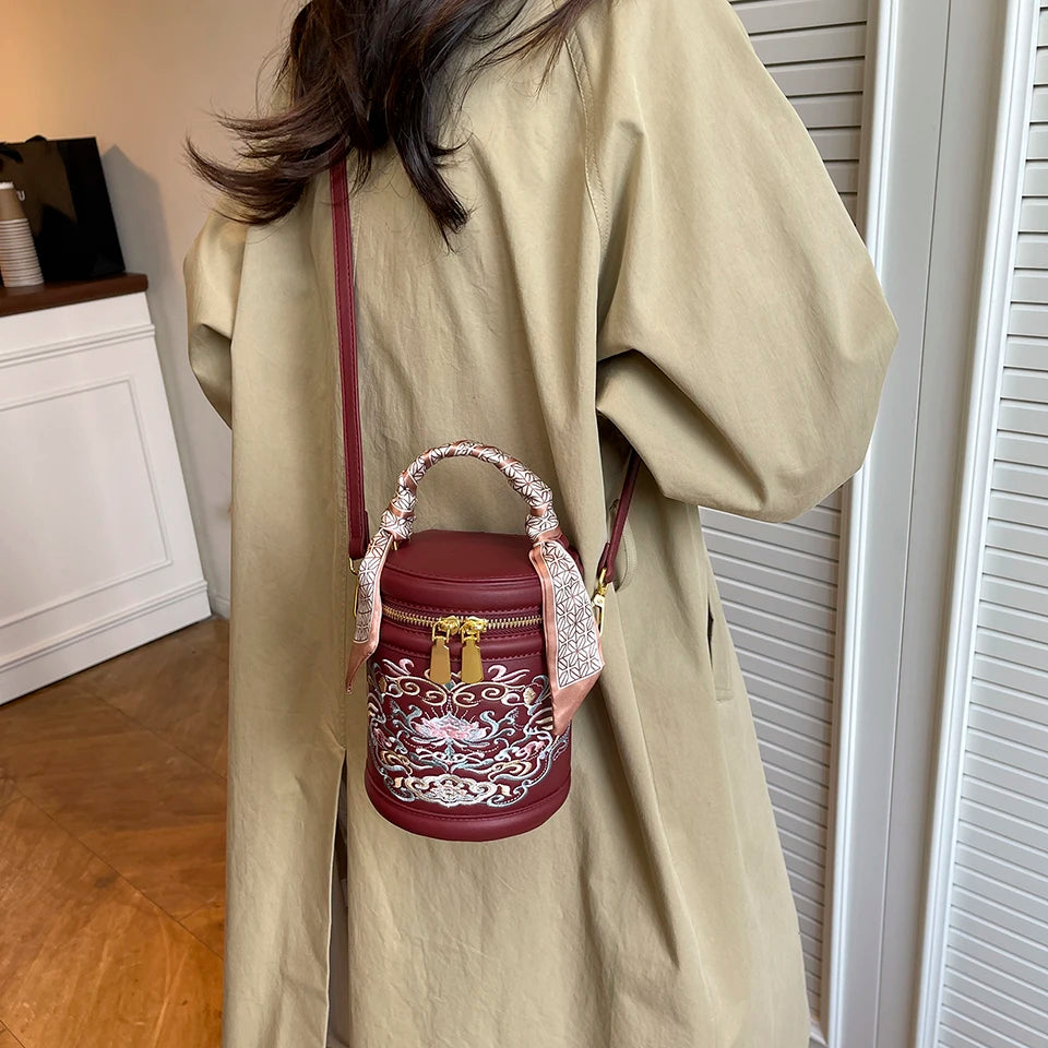 Women's Bucket Cylindrical Quality Leather Shoulder Bag
