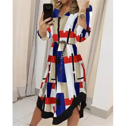 Women's Long Geometric Collar Elastic Waist Dress