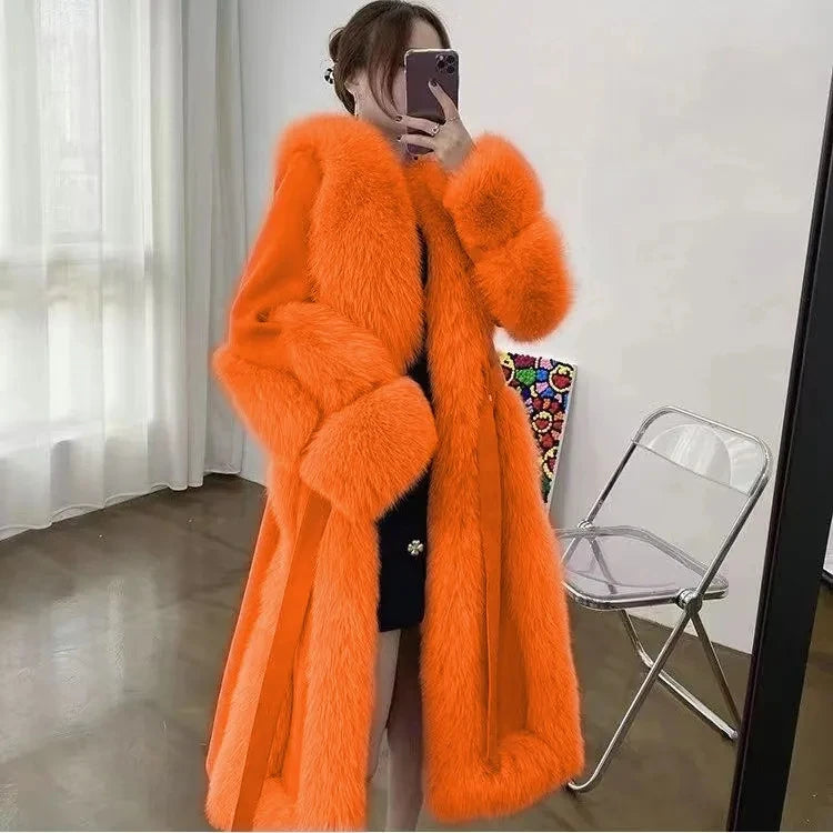 Women's Long Loose  Wool Faux Fur Coat