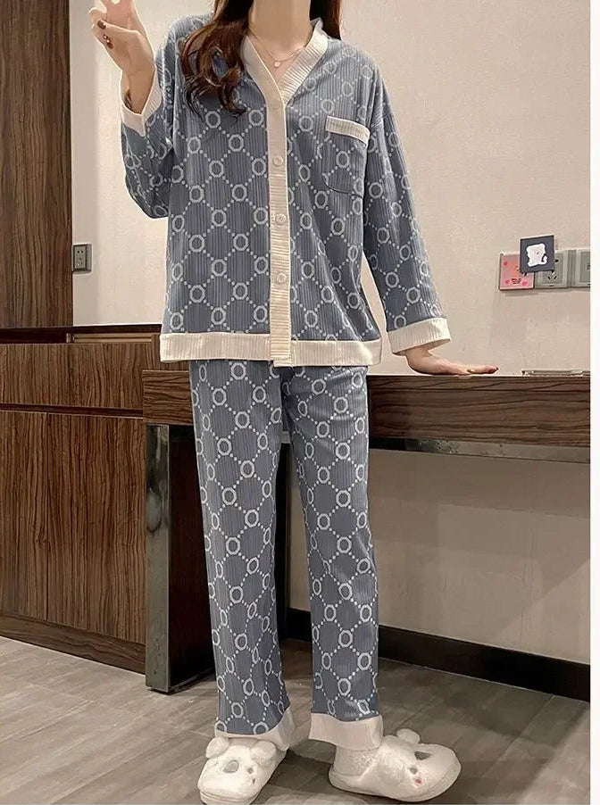 Women's 2Pcs Warm Button Sleepwear Set
