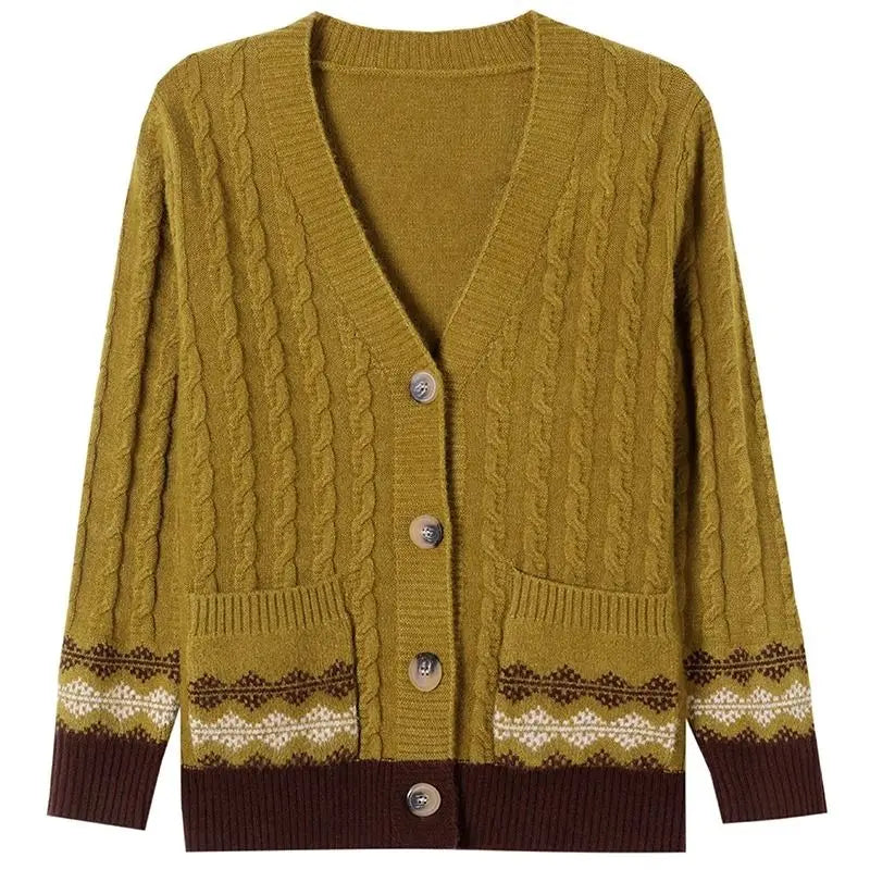 Women's Vintage V-Neck Button Pocket Knitted Cardigan Sweater