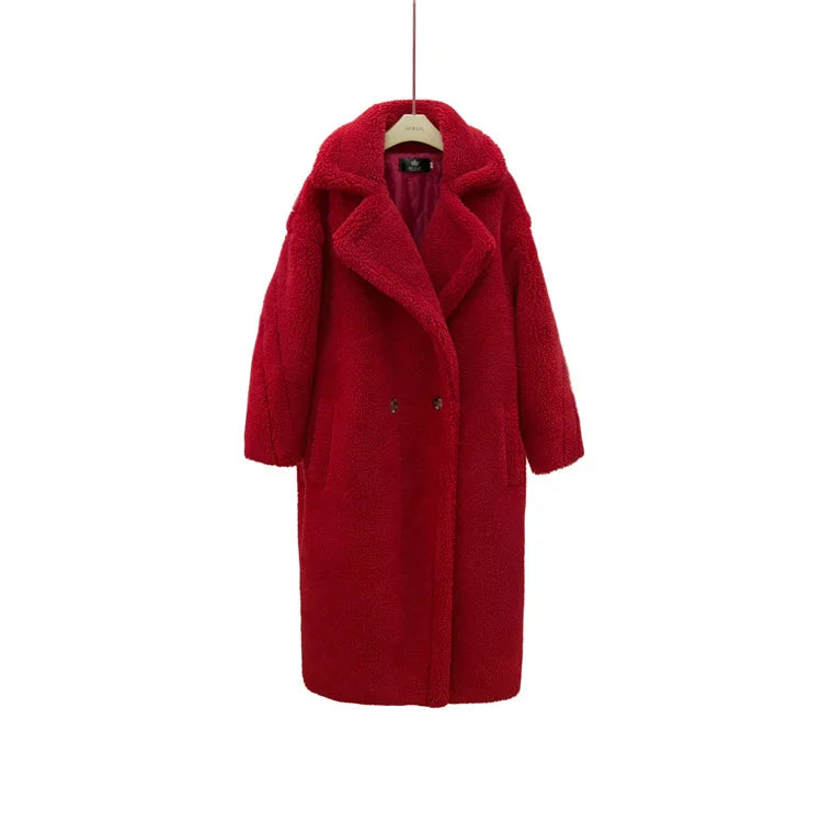 Women's Faux Fur Long Large Grain Lamb Sheep Wool Coat