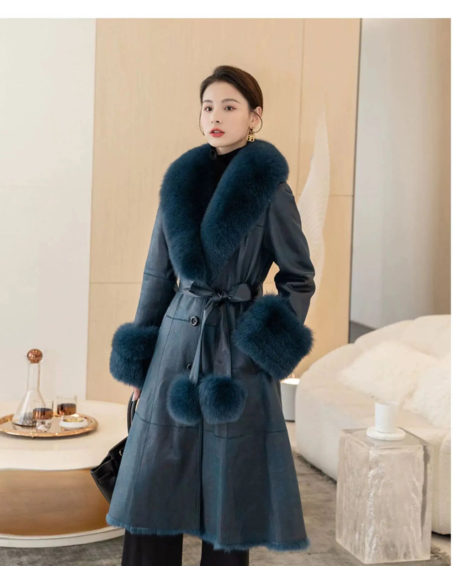 Women's Mid Length Rabbit Fur Fox Fur Collar Slim Fit Coat