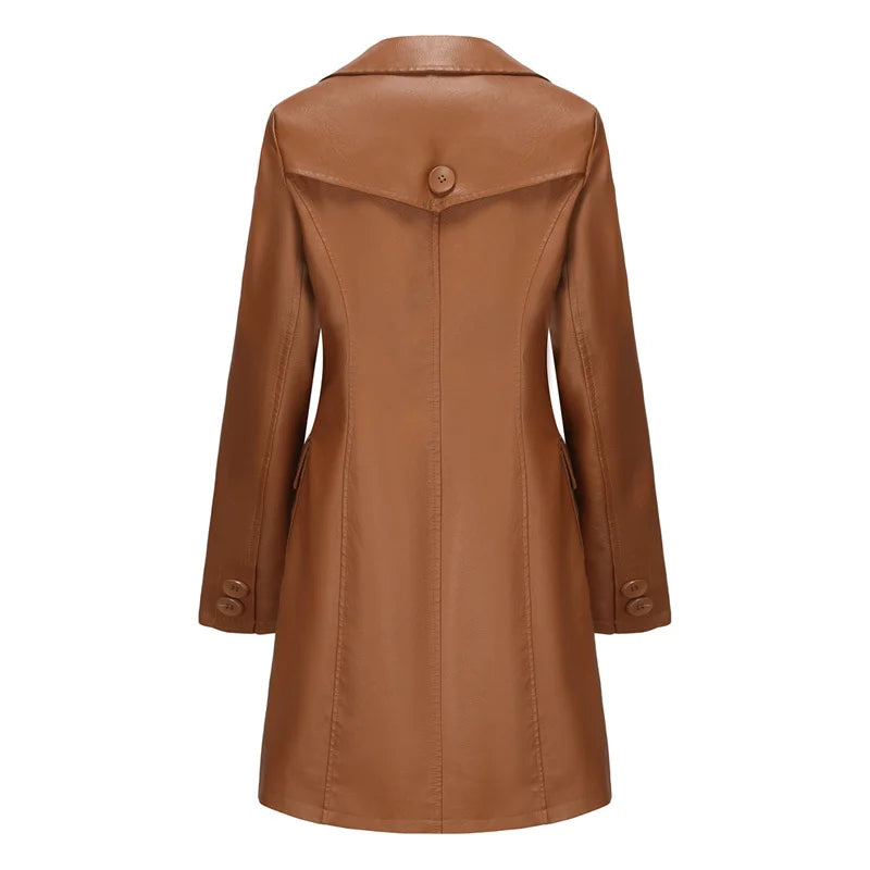 Women's Long sleeved Leather Windbreaker Coat