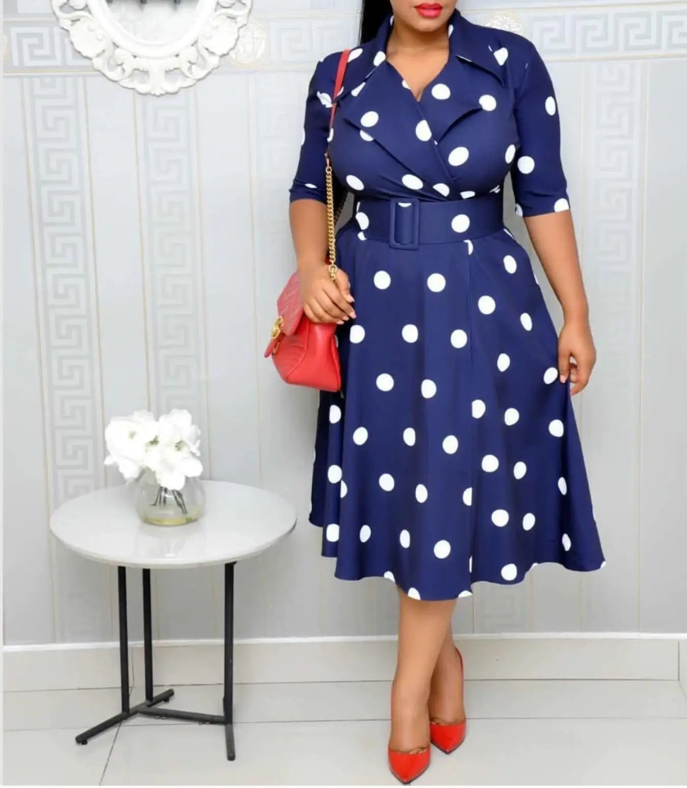 Women's Collar Mid Sleeve Splicing Large Swing Wide Belt Dress