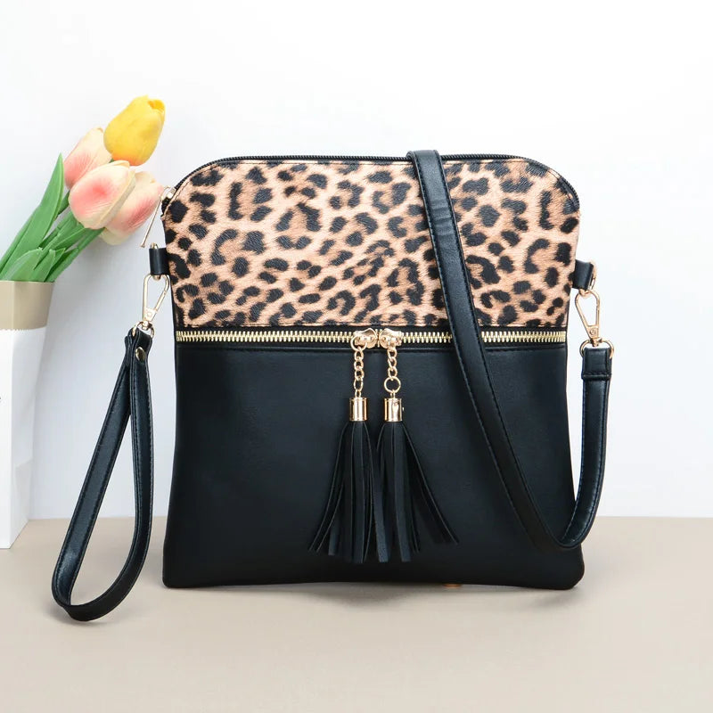 Women's Leopard Pattern Vintage Style Double Tassel Shoulder Bag