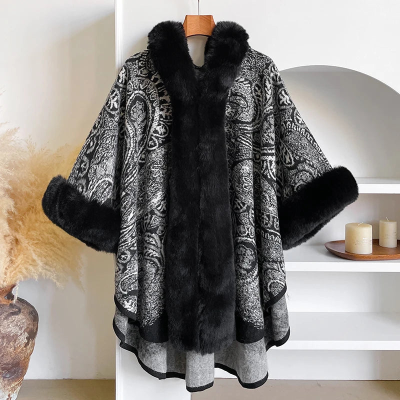 Women's Mink Wool Full Trims Faux Fur Hooded Fleece Wrap Cape