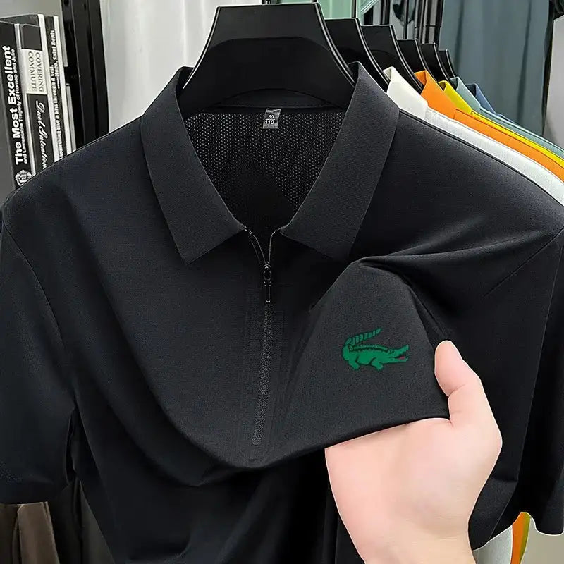 Men's Textured Seamless Half Zipper Short Sleeve Polo Shirt