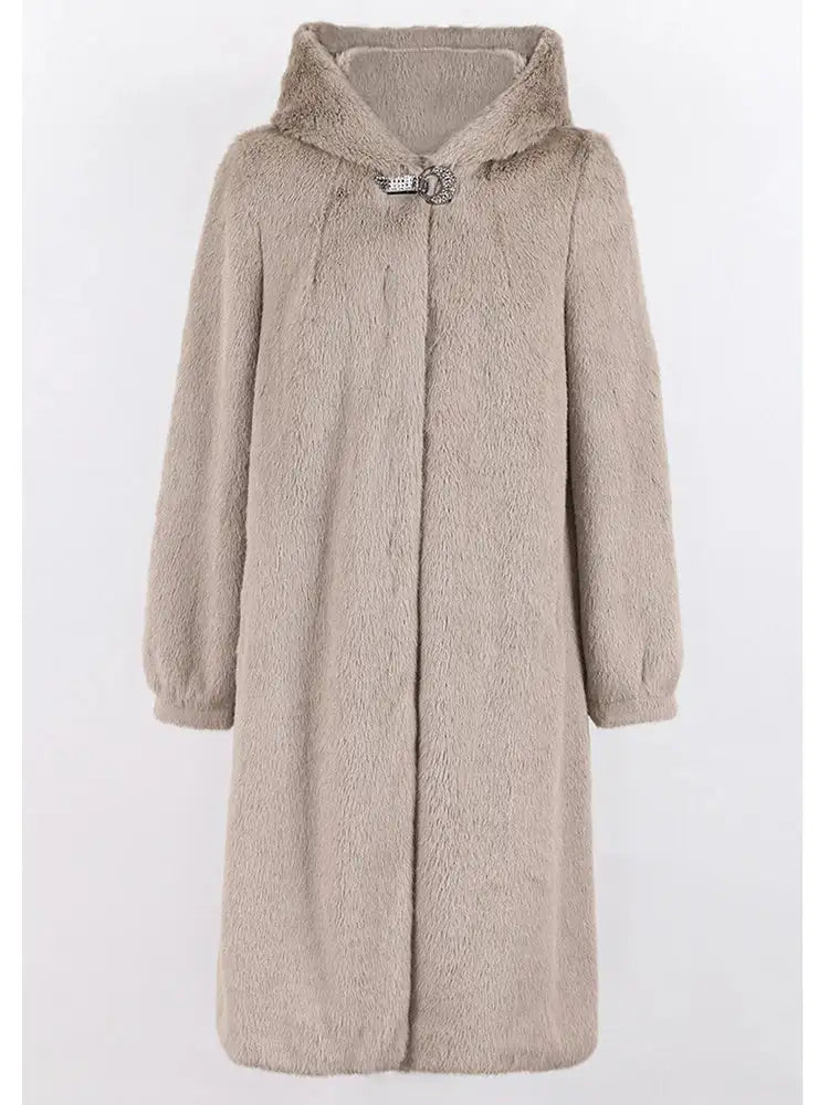 Women's Faux Mink Fur Hood Warm Fluffy Furry Coat