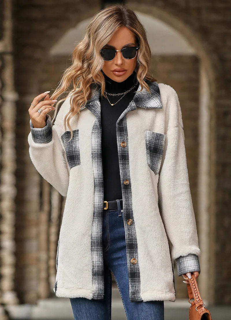 Women's Plush Hooded Long Sleeve Soft Patchwork Coat