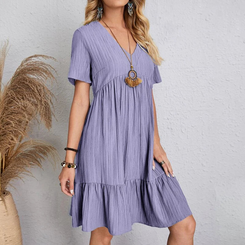 Women's Vintage Solid V-Neck High Waist A-Line Mini Dress