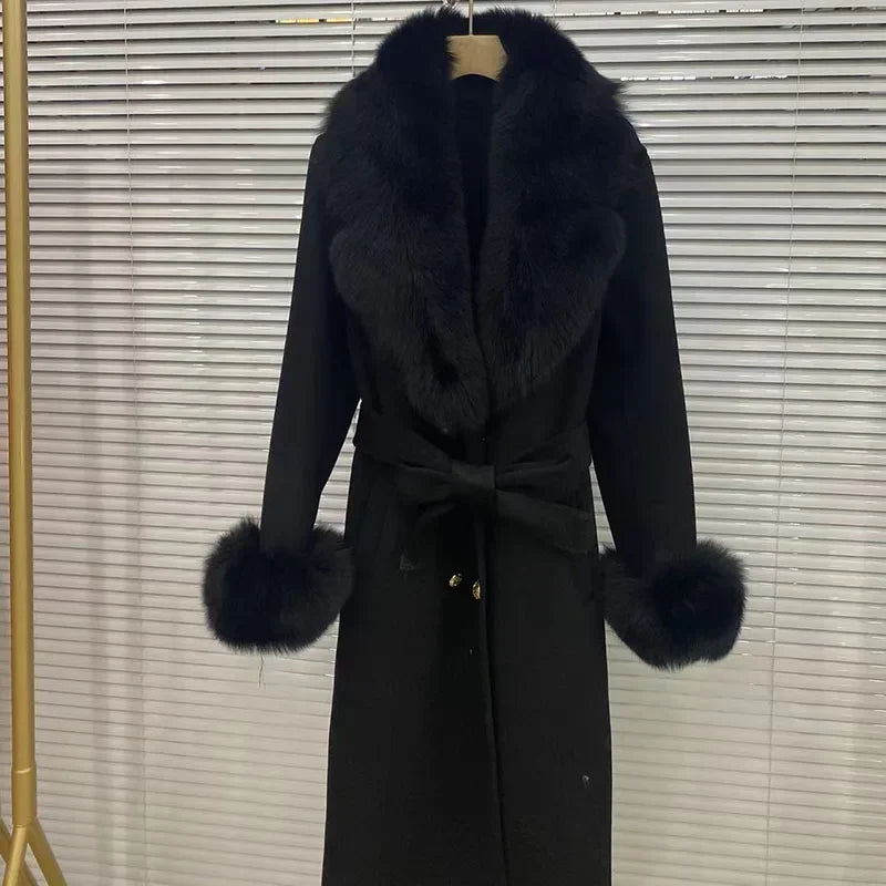 Women's Double Breasted Wool Cashmere Real Fox Fur Collar Coat