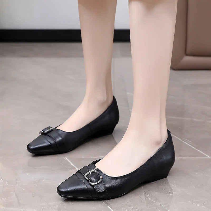 Women's Genuine Leather Low Heel Soft Buckle Pumps Shoes