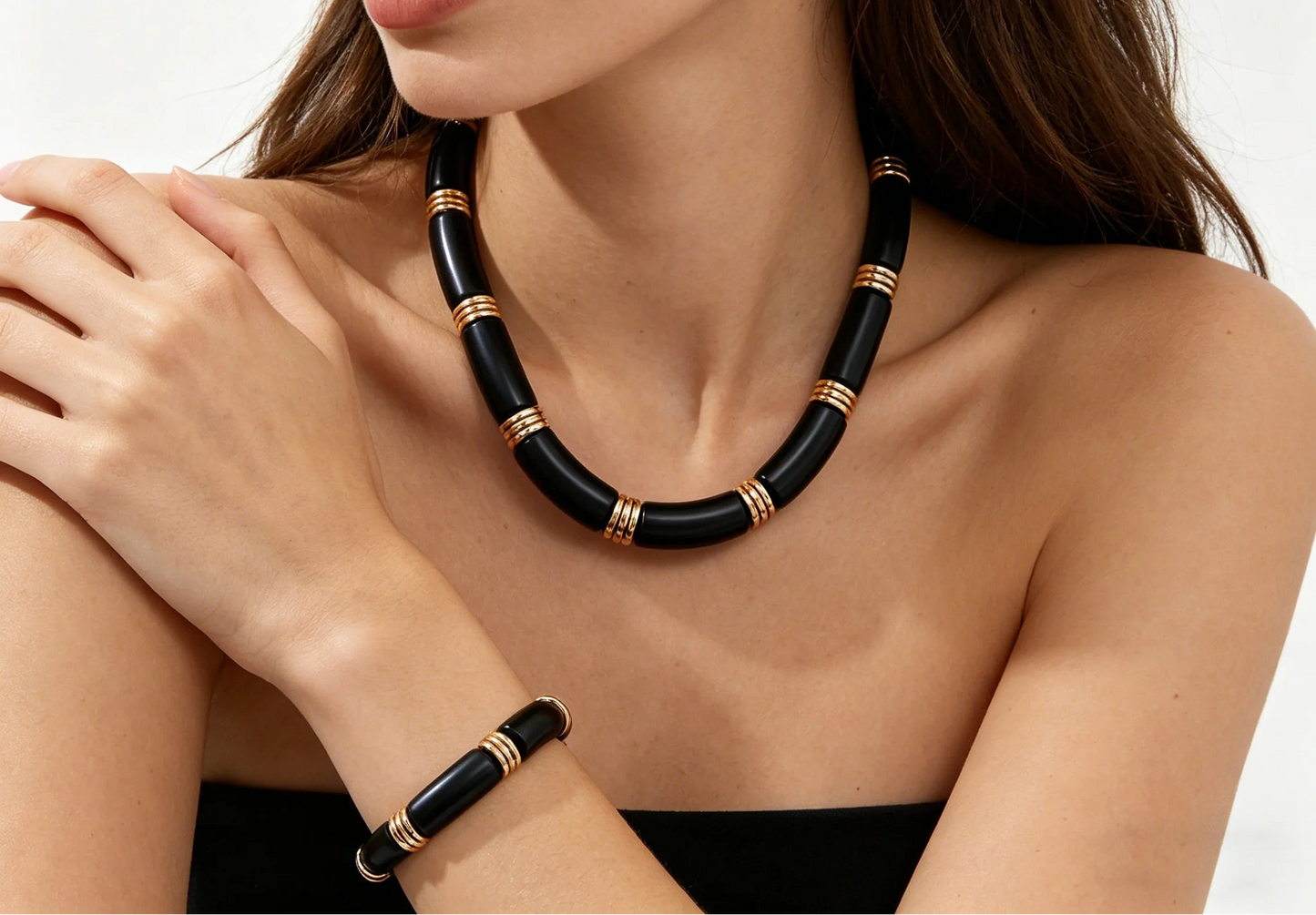Women's 2PCS Thick Double Line Metal Tube Necklace Bracelet Set