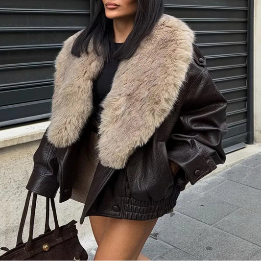 Women's Loose Faux Leather Big Fur Collar Causal Jacket