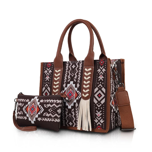 Women's Ethnic Print Tassel Decoration Handheld Crossbody Bag Set