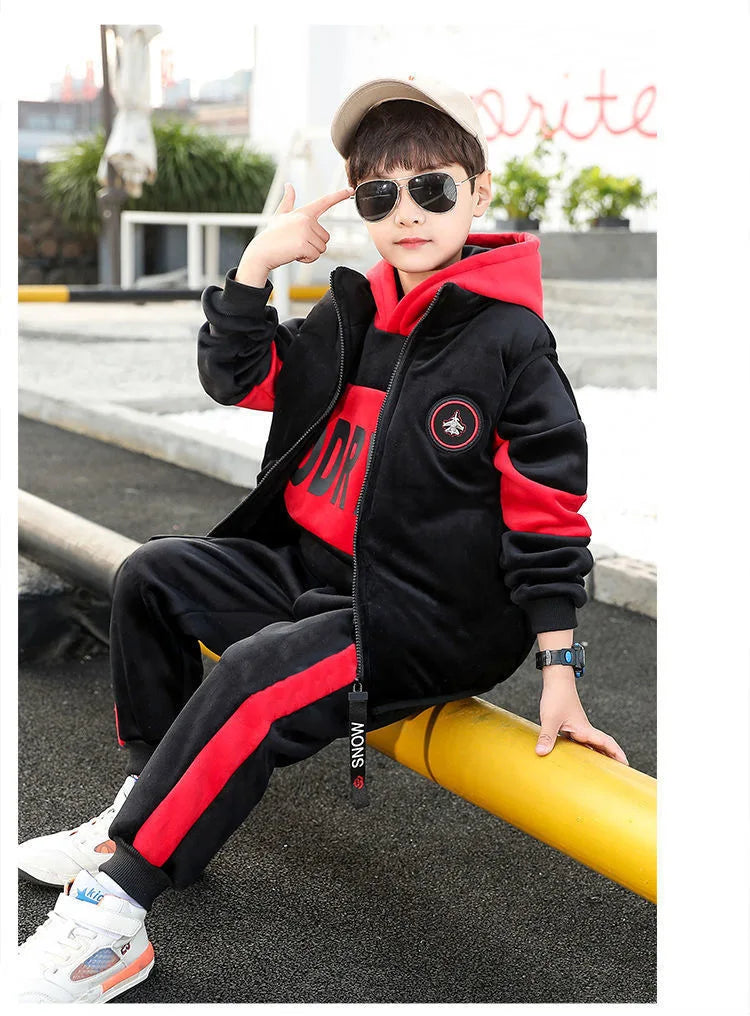 Boys 3Pcs Fleece Lined Zip Waistcoat Sweatshirt Sweatpants Set