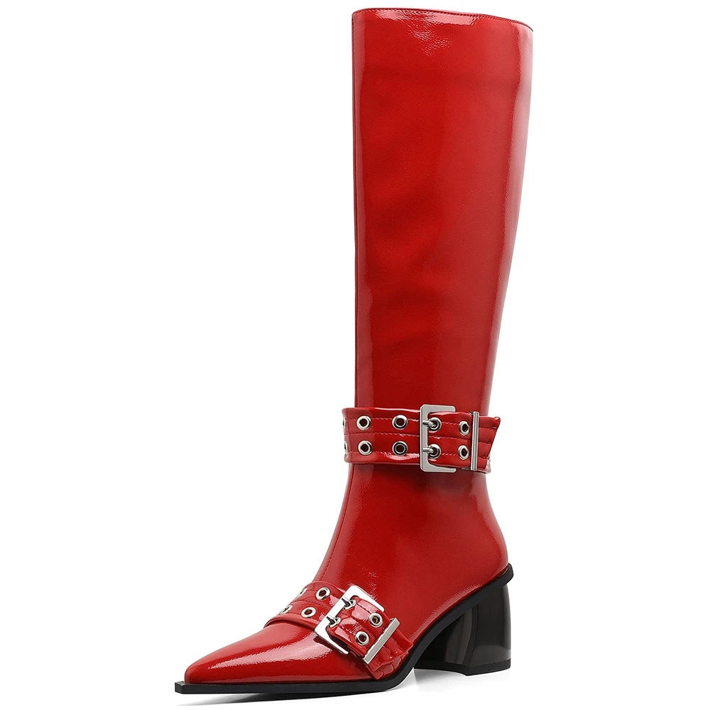 Women's Leather Metal Buckle Zipper Knee Boots